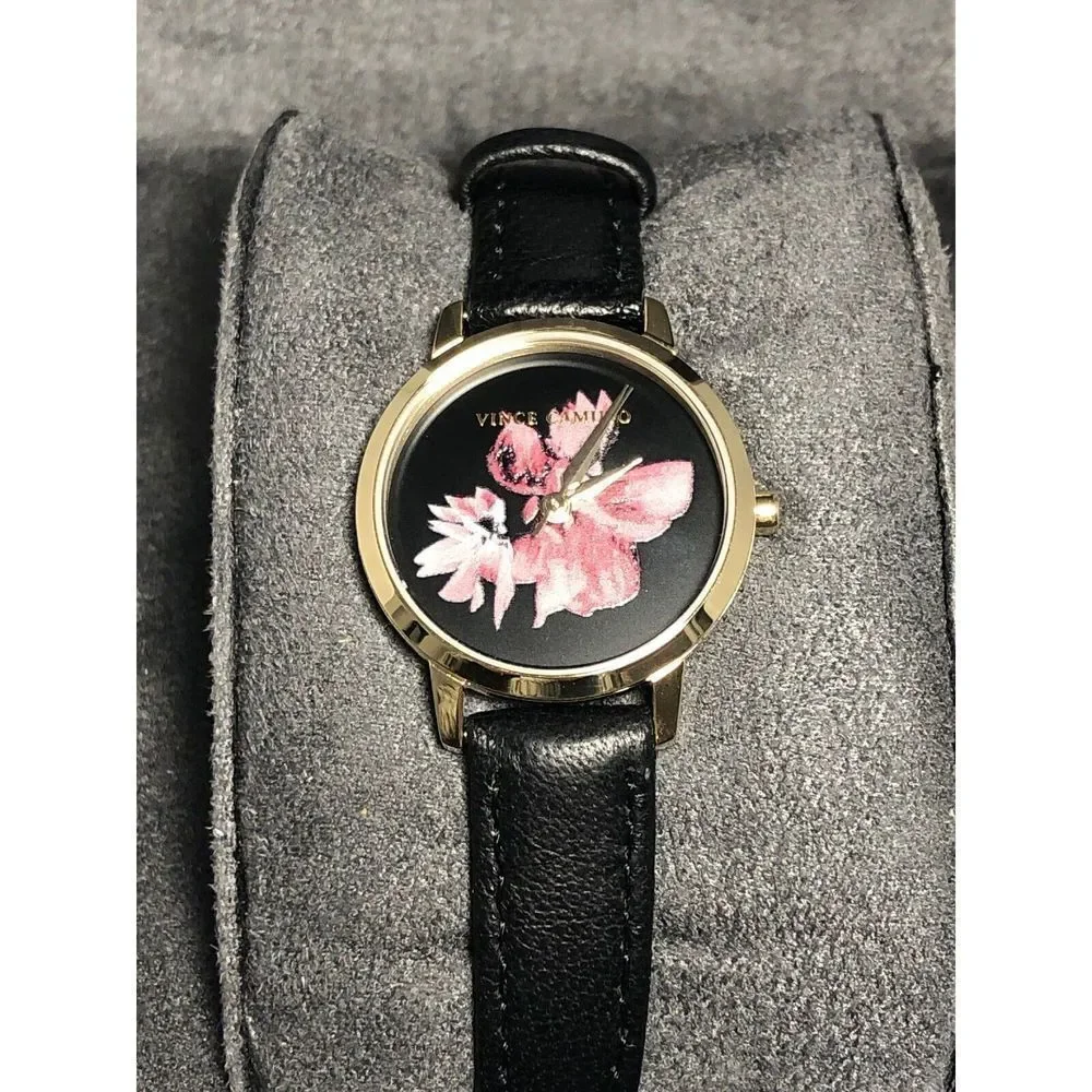 Vince Camuto VC5352 Unisex Black Leather Analog Black Dial Quartz Watch BW114